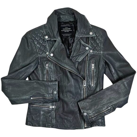 AllSaints Cargo Distressed Leather Biker Jacket Black/Gray EU 34, US 2 - Picture 9 of 14